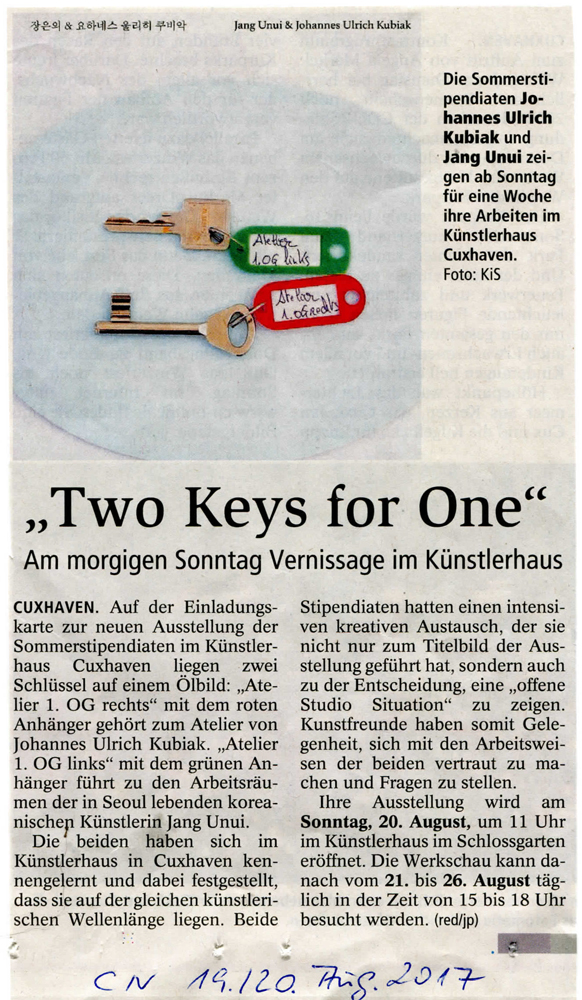 Jang Unui und Johannes Ulrich Kubiak - Ausstellung Atelier links Atelier rechts - 20.8.-26.8.2017 - Künstlerhaus im Schlossgarten - Cuxhaven