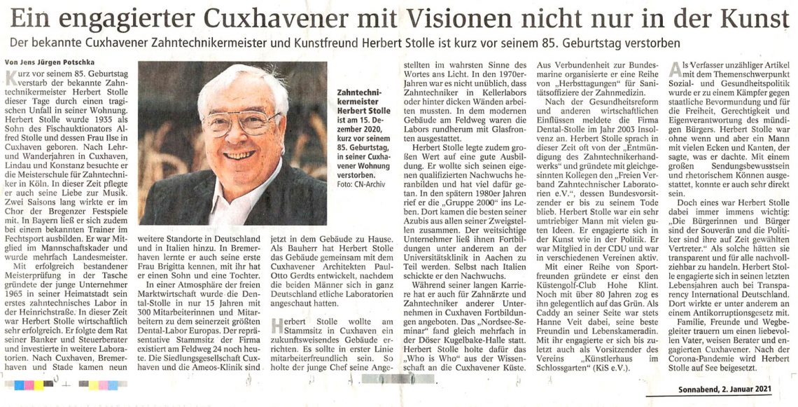 Nachruf auf Herbert Stolle in den Cuxhavener Nachrichten vom 2. Januar 2021