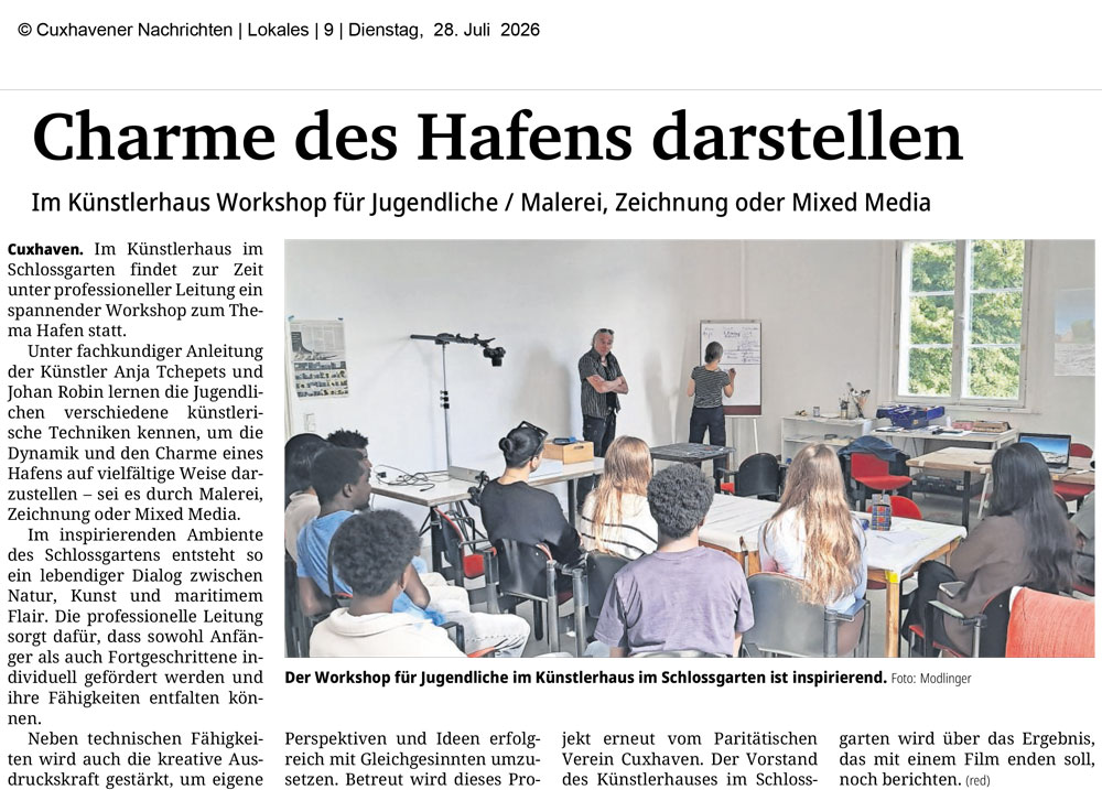 Artikel zum Workshop Küstenleben von Anja Tchepets und Johan Robin in Cuxhavener Nachrichten am 28. Juli 2026