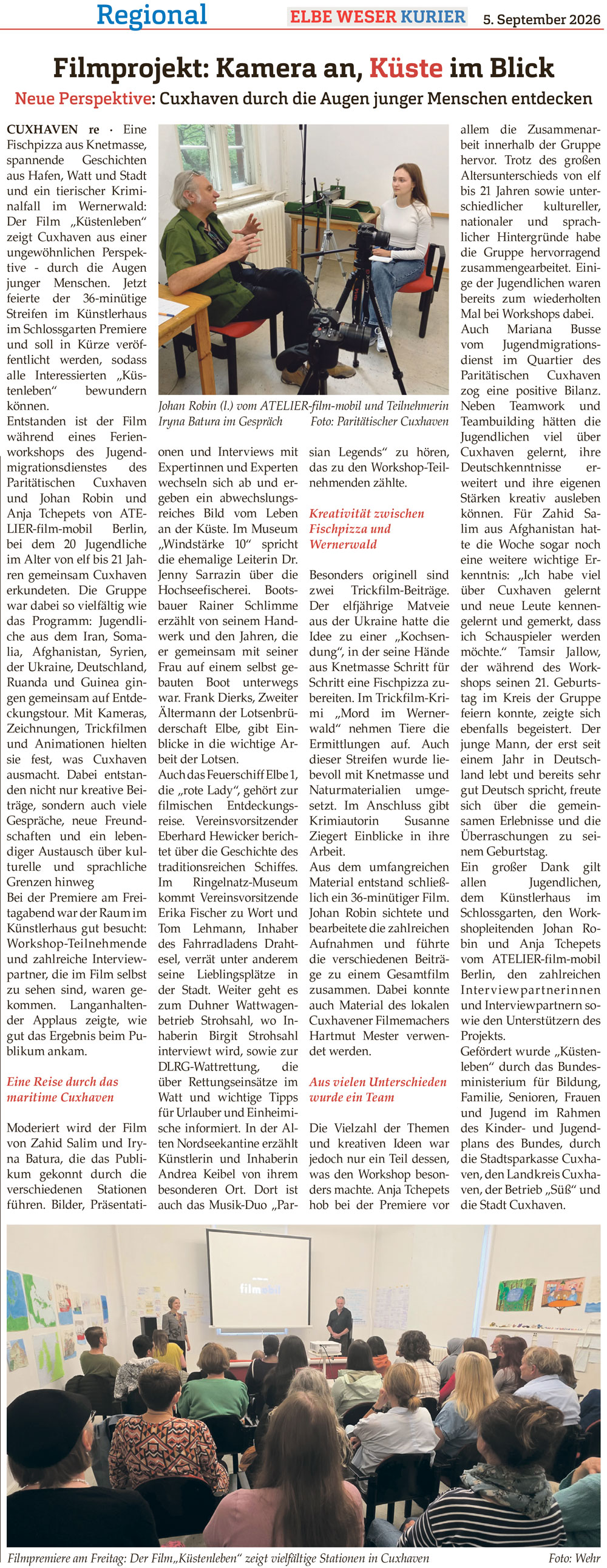 Artikel zum Workshop Küstenleben von Anja Tchepets und Johan Robin im Elbe Weser Kurier am 5. September 2026