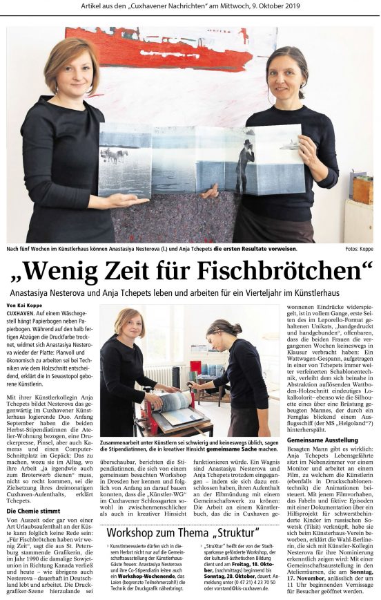 Zeitungsartikel über die Gastkünstlerinnen Anastasiya Nesterova und Anja Tchepets im Künstlerhaus im Schlossgarten.