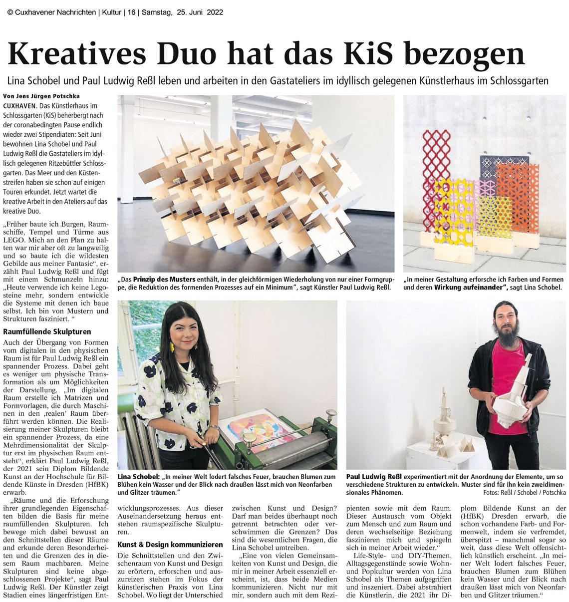 Zeitungsartikel über unsere Gastkünstler Lina Schobel und Paul Ressl in den Cuxhavener Nachrichten vom 25.6.2022 - KKünstlerhaus im Schlossgarten Cuxhaven